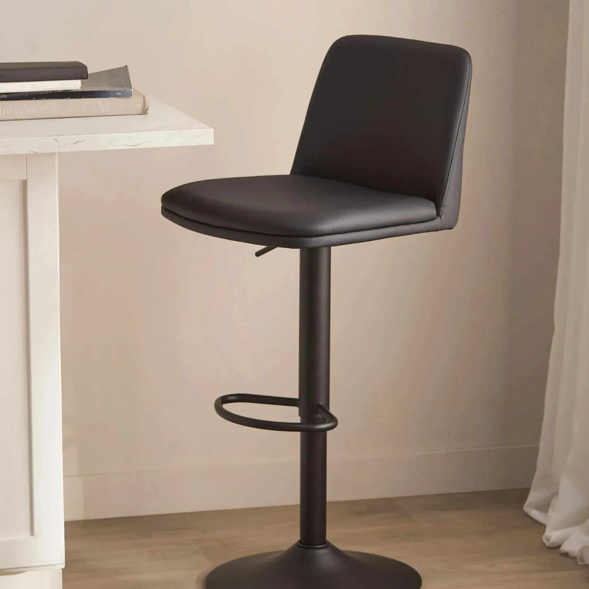 Black Faux Leather and Metal Bar Stool