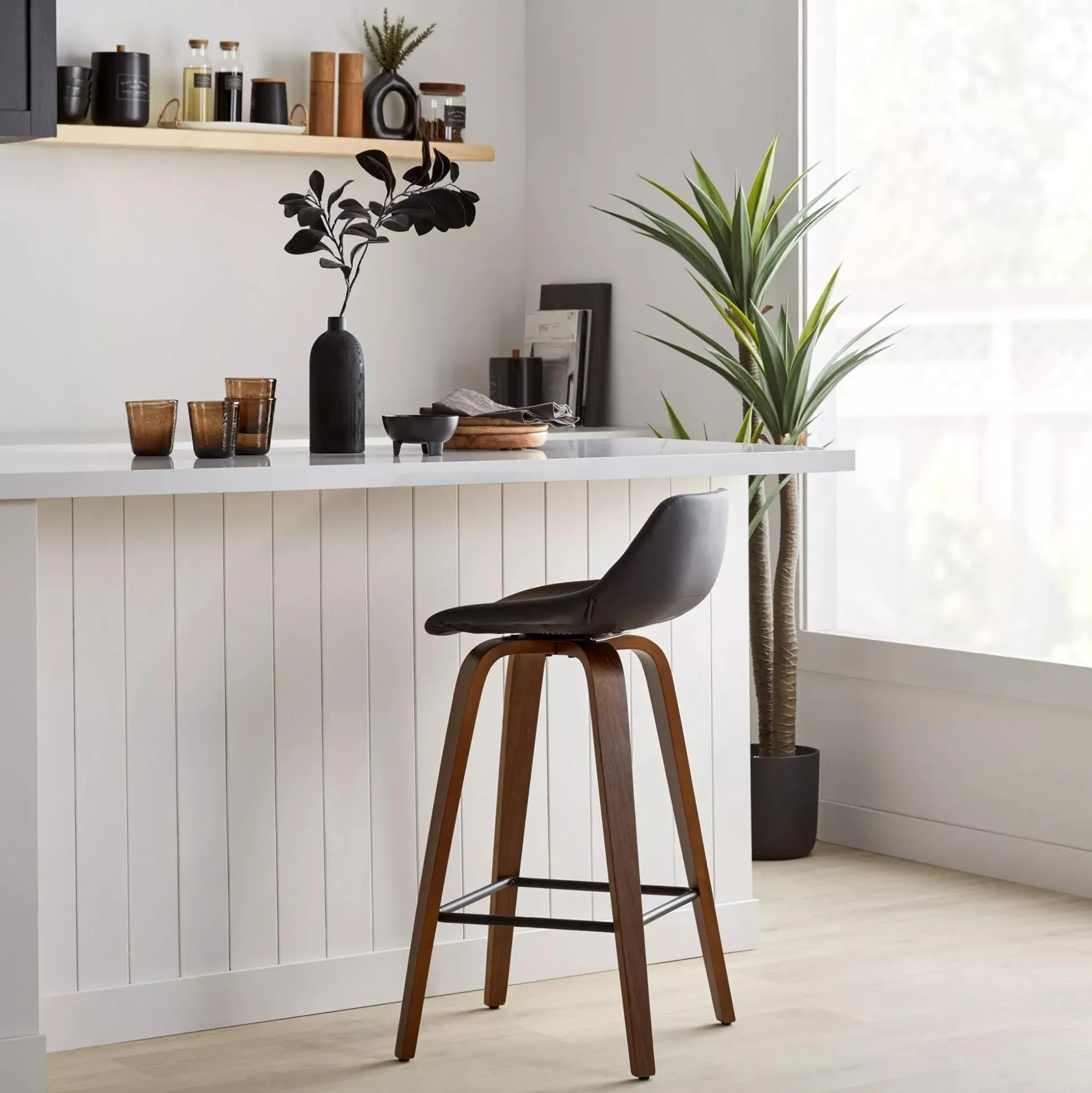 Faux Leather and Walnut Wood Bar Stool