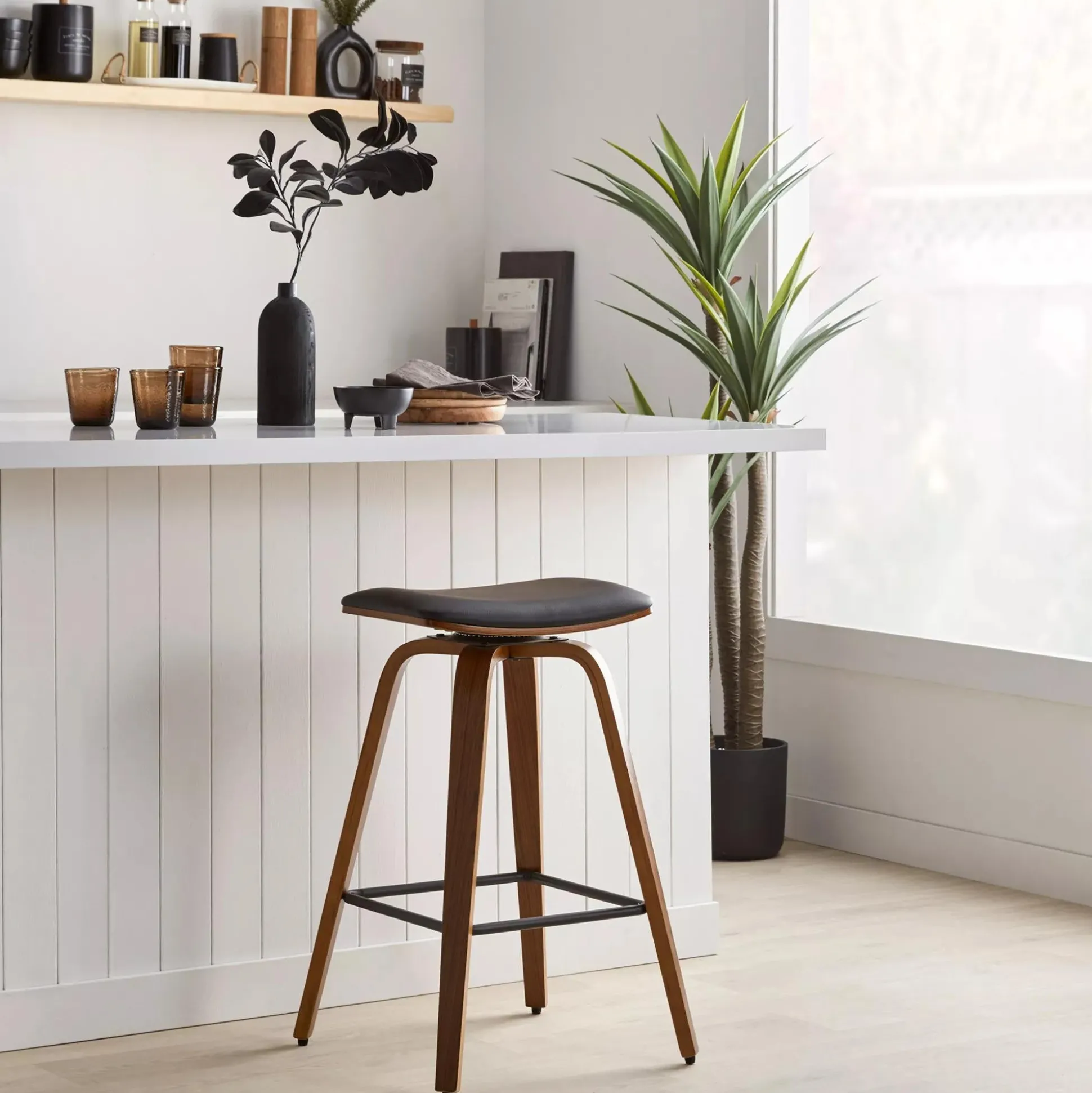 Faux Leather and Walnut Wood Backless Stool